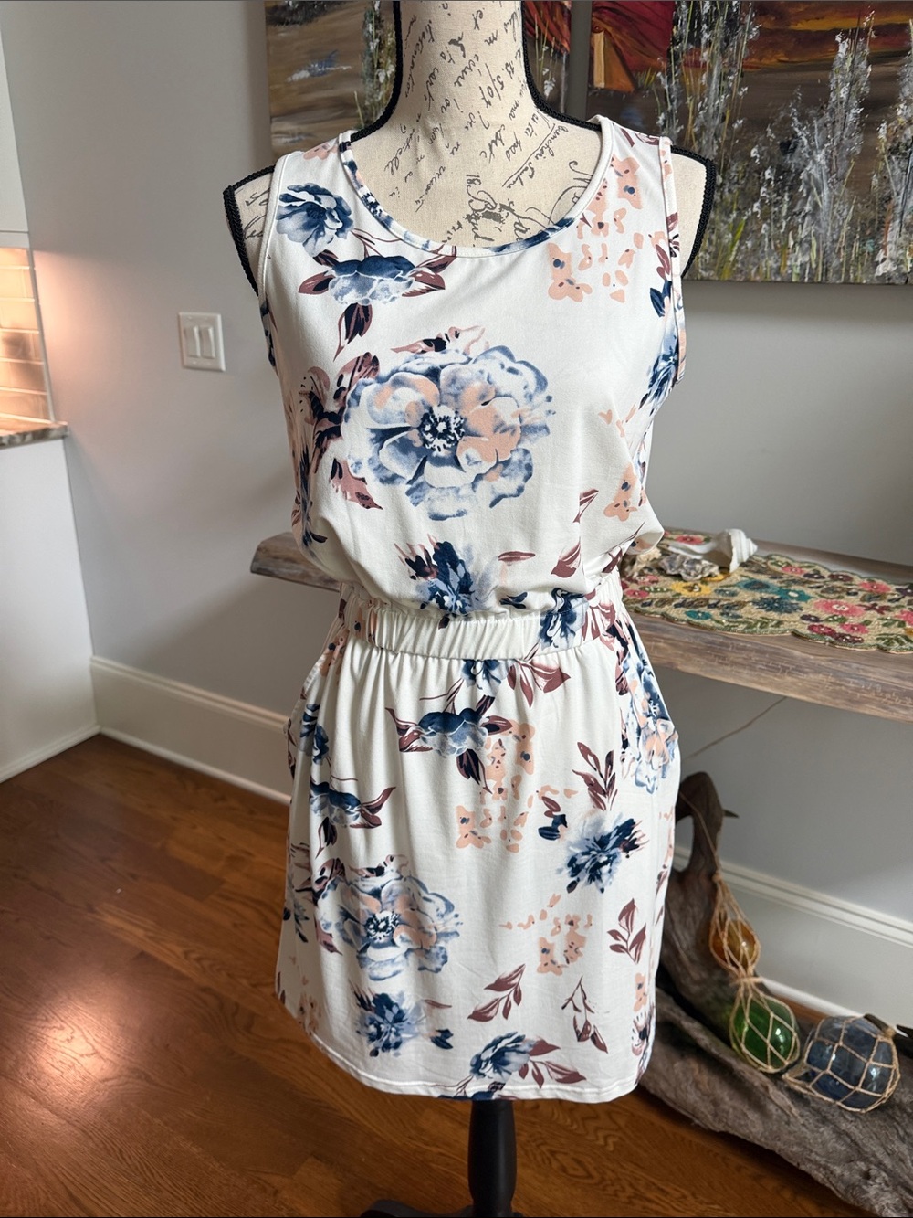 Sleeveless Floral Tank Dress in Cream and Blue